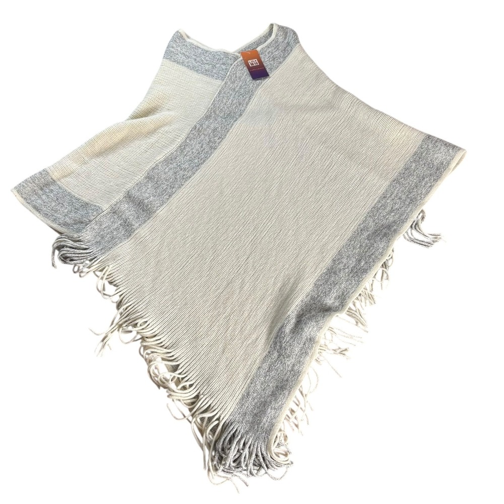 Lida Collection‎ Poncho Women One Size Cream Gray Knit Fringe Cottagecore Boho